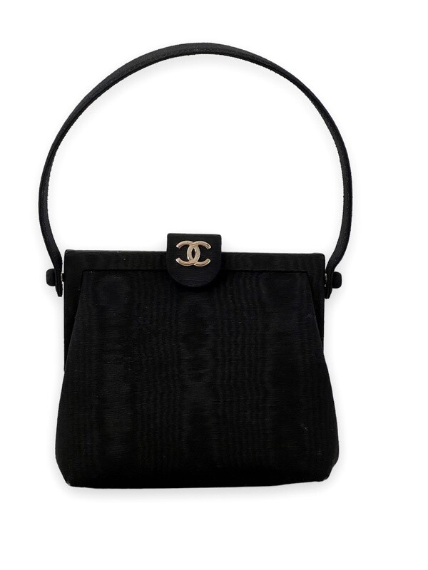 CHANEL VINTAGE CC BLACK SILK SATIN FRAMED KELLY BAG