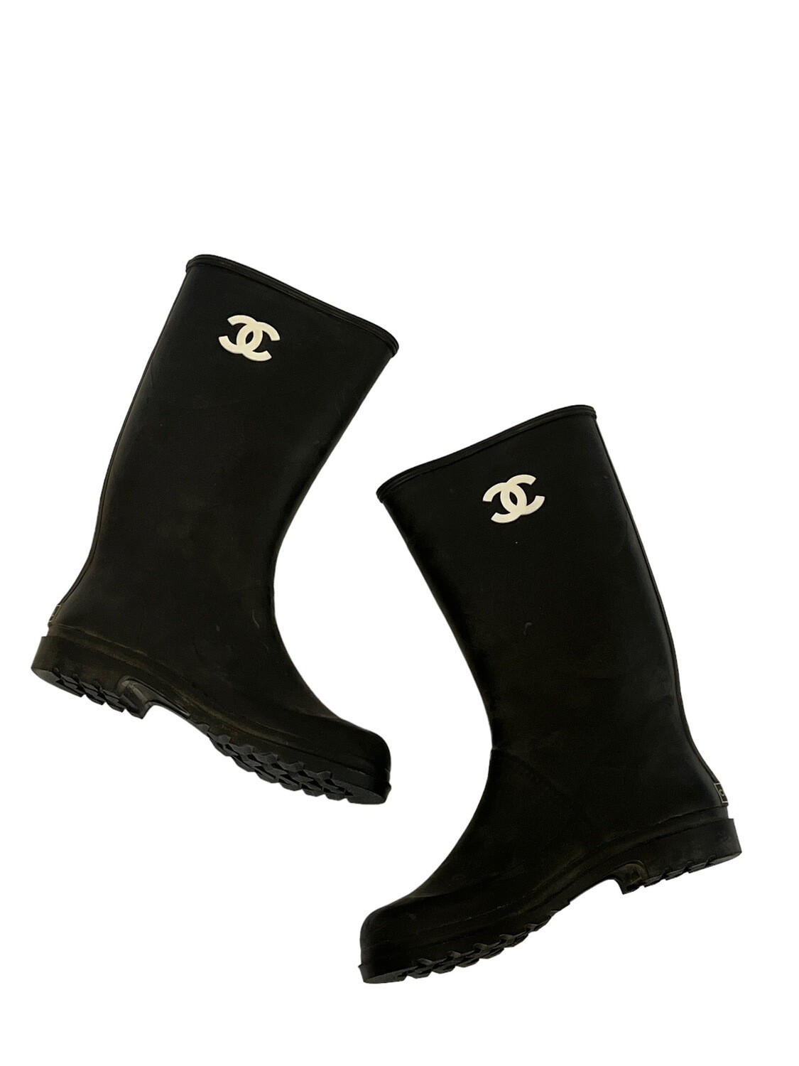 CHANEL VINTAGE 94A CC LOGO BLACK RUBBER RAIN BOOTS IT 41 / US 10 - 10.5
