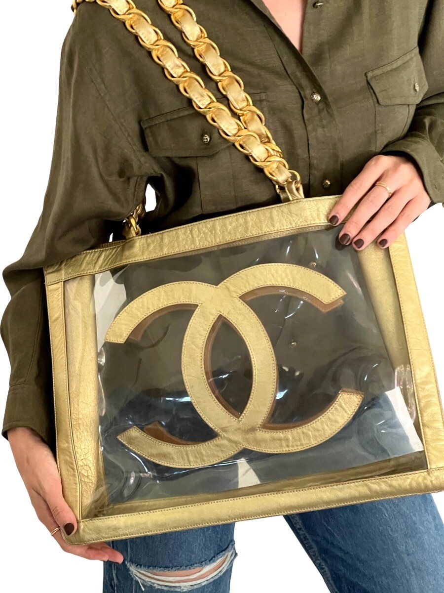 VINTAGE CHANEL 90'S CLEAR GOLD LEATHER LARGE CC TOTE BAG