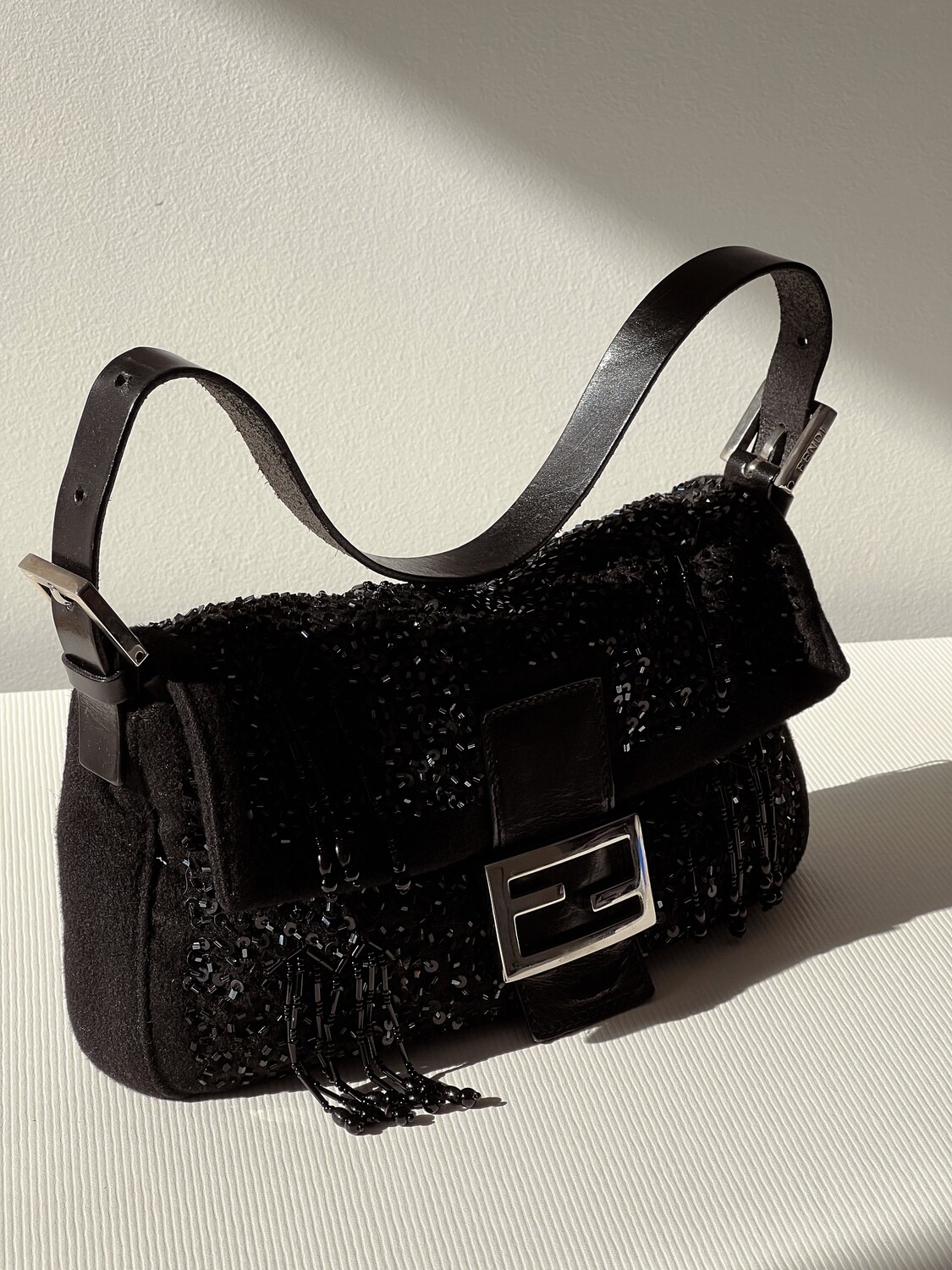 VINTAGE FENDI BLACK BEADED FRINGE BAGUETTE SHOULDER BAG