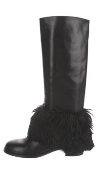 CHANEL CC FUR AND BLACK LEATHER TALL BOOTS - NEW - IT 39 / US 8