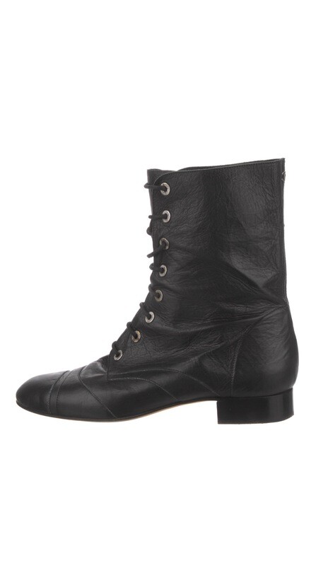 CHANEL CC LOGO BLACK LEATHER LACE UP COMBAT BOOTS IT 39 / US 8