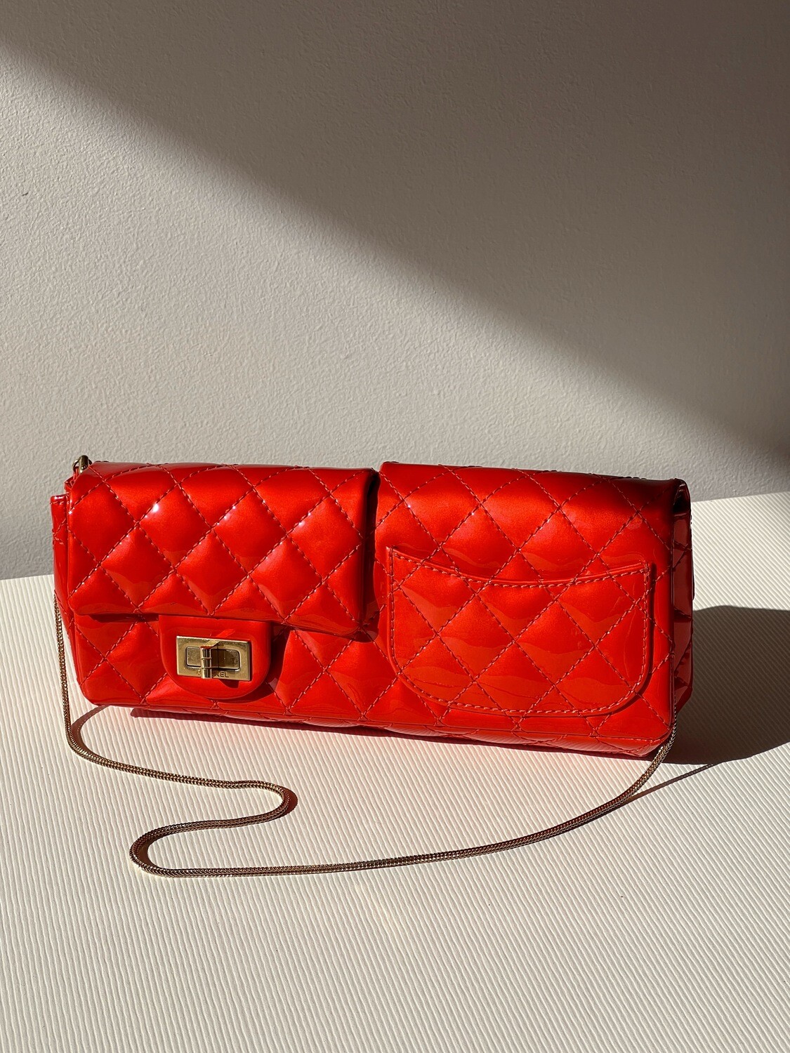 VINTAGE CHANEL REISSUE RED PATENT LEATHER DOUBLE FACED FLAP CLUTCH SHOULDER BAG