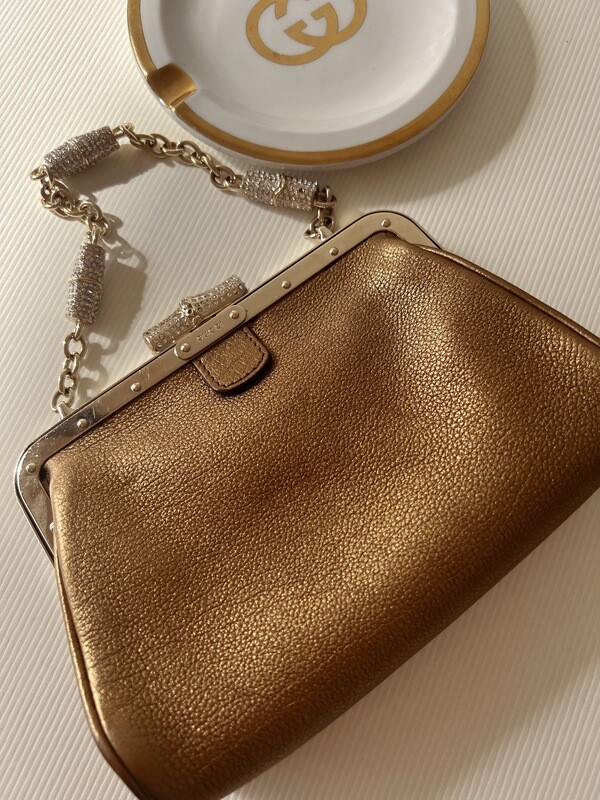 VINTAGE GUCCI GOLD LEATHER RHINESTONE BAMBOO FRAMED MINI EVENING BAG