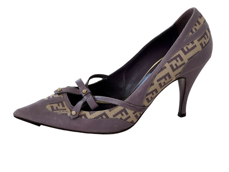 ​FENDI ZUCCA FF LOGO FABRIC &amp; LILAC LEATHER PUMPS HEELS IT 37 / US 7