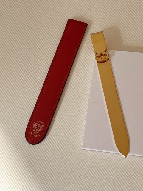 VINTAGE GUCCI GG GOLD LETTER OPENER WITH RED LEATHER CASE