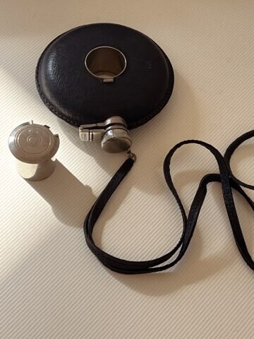 GUCCI VINTAGE METAL &amp; NAVY LEATHER TRAVEL FLASK WITH REMOVABLE SILVER SHOT CUP