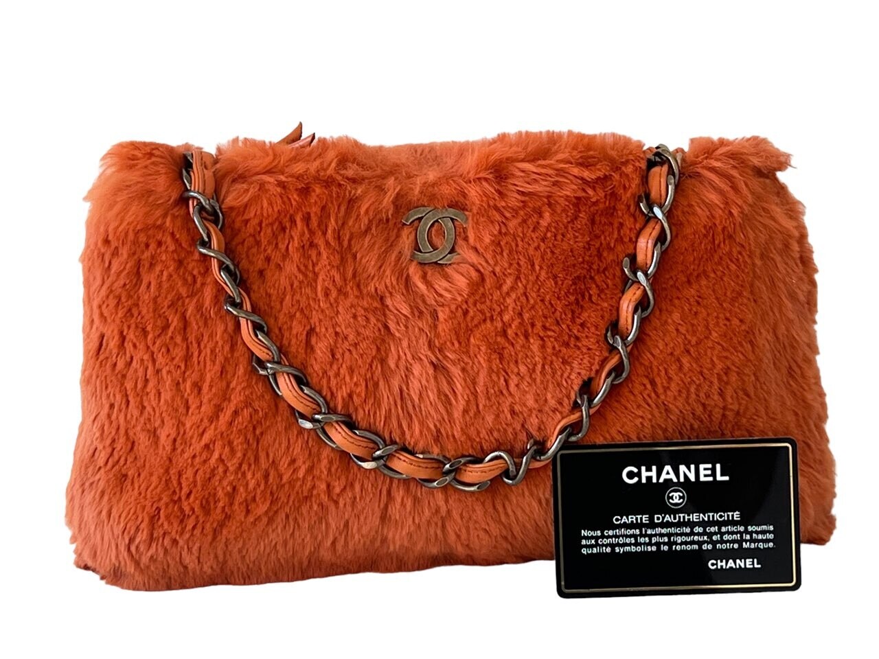 VINTAGE CHANEL ORANGE FUR CC CROSSBODY SHOULDER BAG