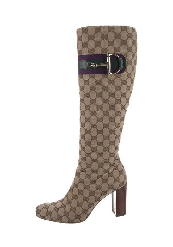 GUCCI GG MONOGRAM BROWN CANVAS TALL BOOTS WITH WEBBING &amp; HORSEBIT DETAIL IT 39 / US 8.5 - 9