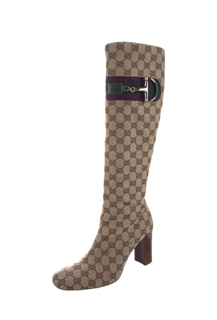GUCCI GG MONOGRAM BROWN CANVAS TALL BOOTS WITH WEBBING &amp; HORSEBIT DETAIL IT 39 / US 8.5 - 9