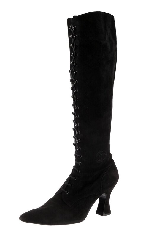 CHANEL CC LOGO BLACK SUEDE LEATHER LACE UP BOOTS 39.5 / 8.5 - 9