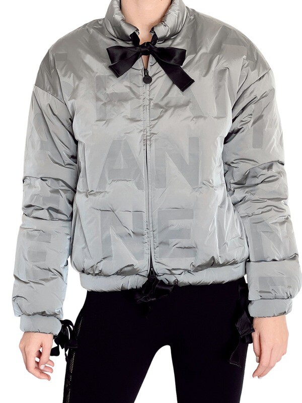 CHANEL LETTER MONOGRAM LOGO SILVER PUFFER COAT FR 34