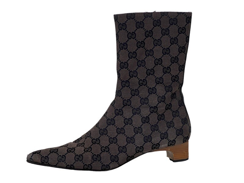 VINTAGE 90&#39;S GUCCI BROWN GG MONOGRAM CANVAS BOOTS WITH WOOD HEEL / US 9.5 B