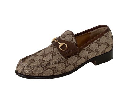 VINTAGE GUCCI BROWN GG MONOGRAM CANVAS / LEATHER HORSEBIT  DETAIL LOAFERS / US 8.5 B