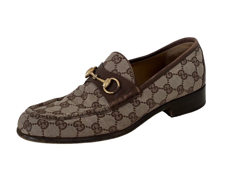 VINTAGE GUCCI BROWN GG MONOGRAM CANVAS / LEATHER HORSEBIT DETAIL LOAFERS / US 8 D