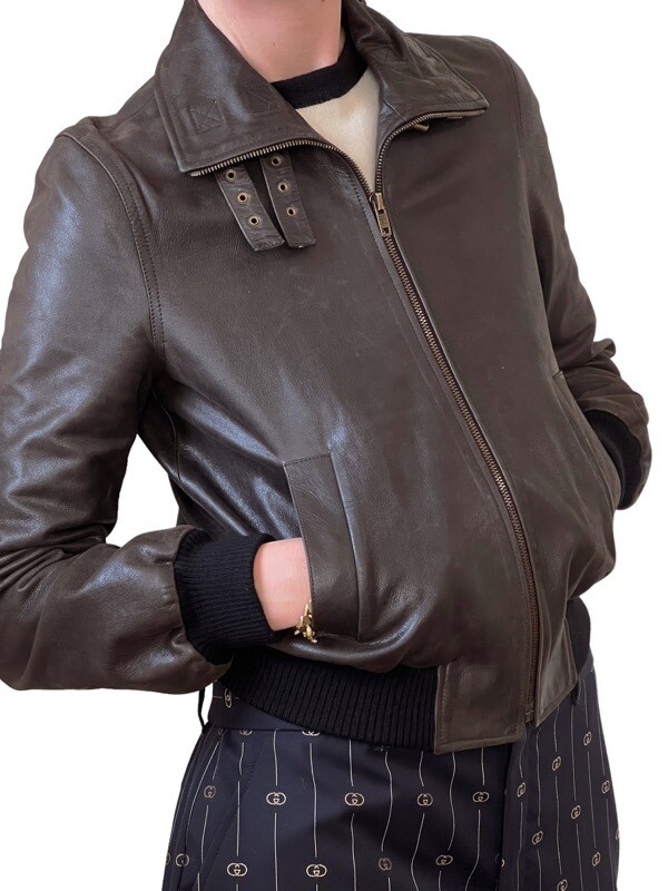 VINTAGE CELINE BROWN GOAT LEATHER AVIATOR BOMBER JACKET