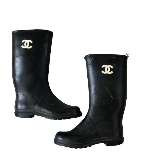 CHANEL VINTAGE CC LOGO BLACK RUBBER RAIN BOOTS 38