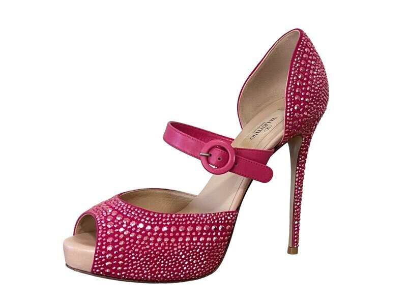 VALENTINO PINK CRYSTAL PLATFORM MARY JANE HEELS IT 37.5 / US 7 - 7.5