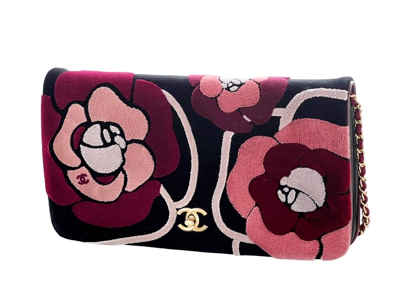 CHANEL CAMELLIA FLOWER FLORAL VELVET 2 WAY SHOULDER CLUTCH BAG