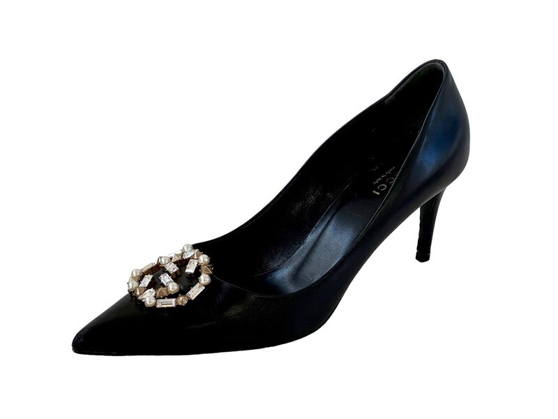 GUCCI GG CRYSTAL &amp; PEARL LOGO BLACK LEATHER PUMPS HEELS /  IT 37.5