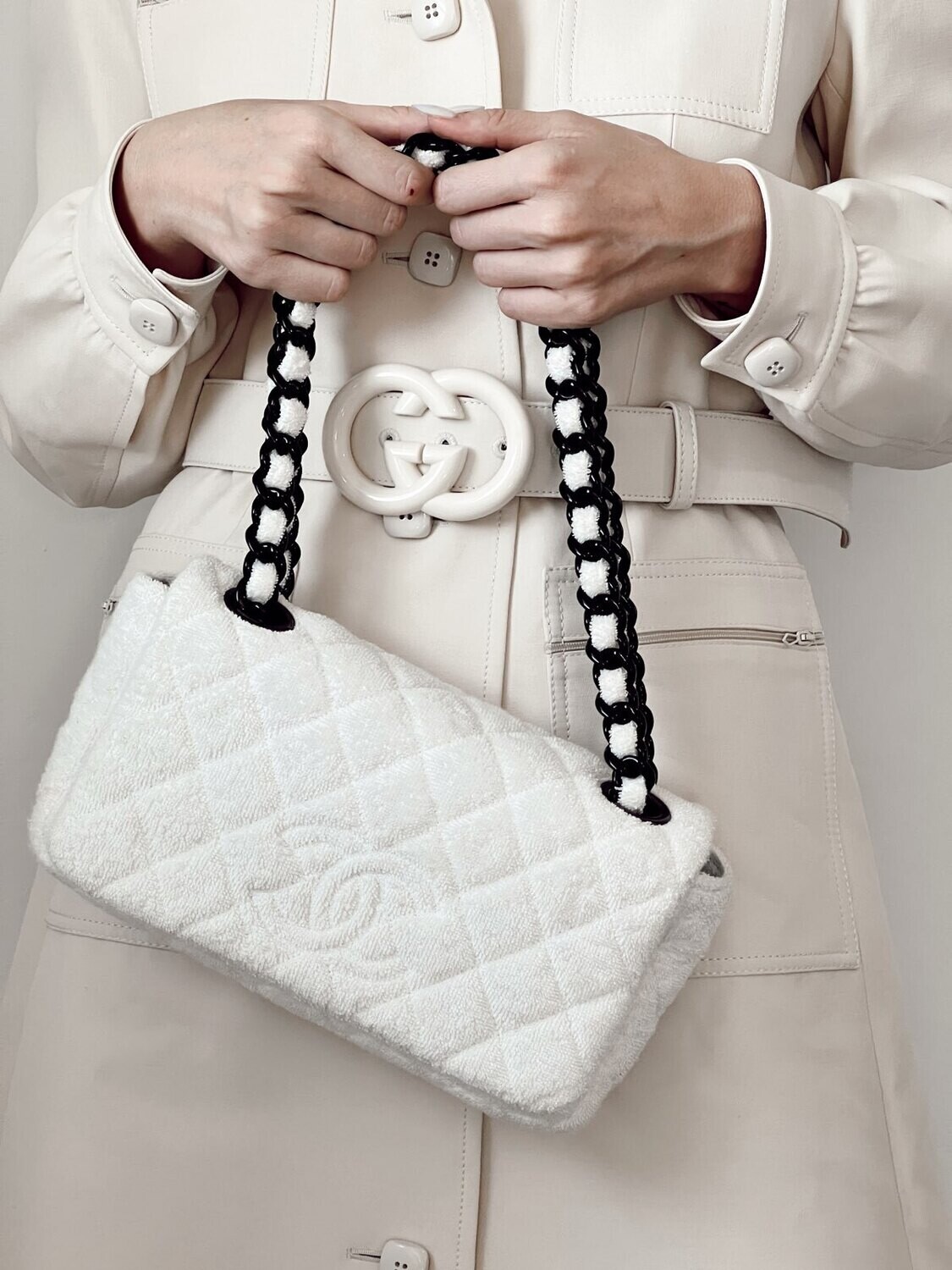 CHANEL CC QUILTED LOGO WHITE TERRY CLOTH CLASSIC FLAP SHOULDER BAG
