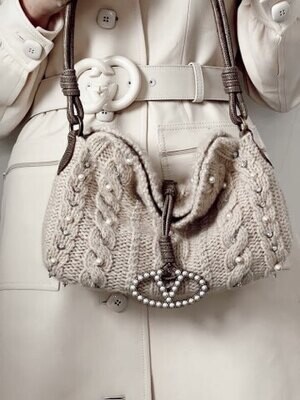 VALENTINO KNIT AND LIZARD SHOULDER BAG / RHINESTONE AND PEARL EMBELLISHED
