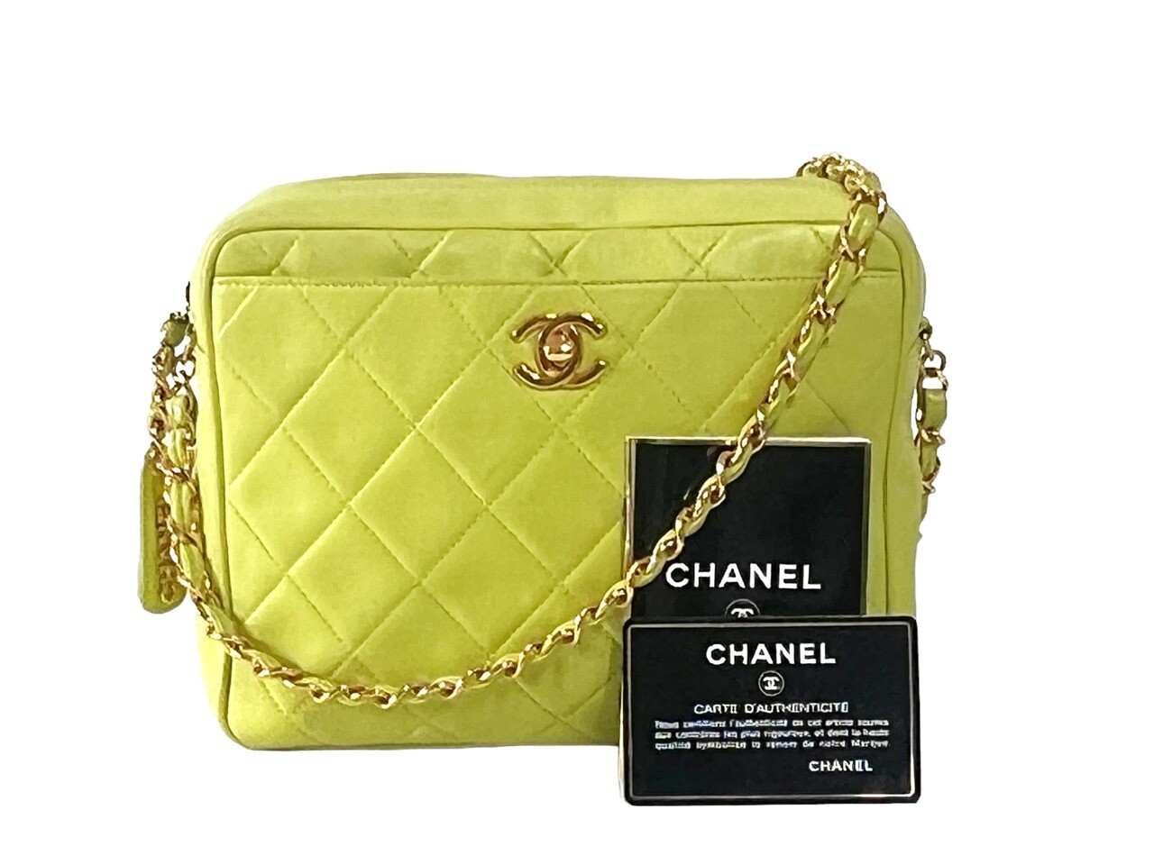CHANEL VINTAGE CC LIME GREEN QUILTED LEATHER CAMERA SHOULDER CROSSBODY BAG