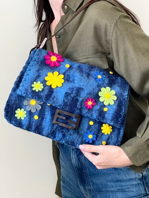 VINTAGE FENDI GROOVY FLORAL BLUE WOOL MAMMA BAGUETTE BAG