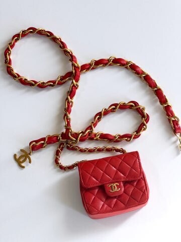 CHANEL VINTAGE RED QUILTED MICRO MINI FLAP BAG CHAIN BELT WITH CC