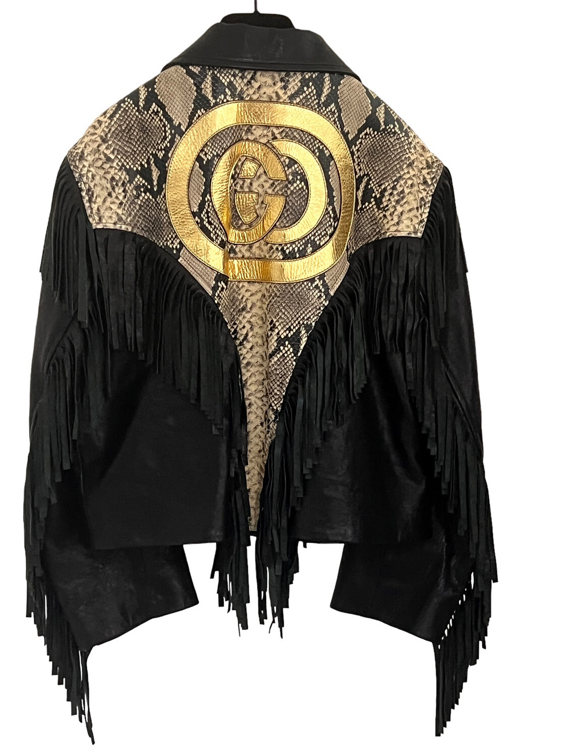 GUCCI GG SNAKE AND BLACK LEATHER FRINGE MOTO JACKET IT 46