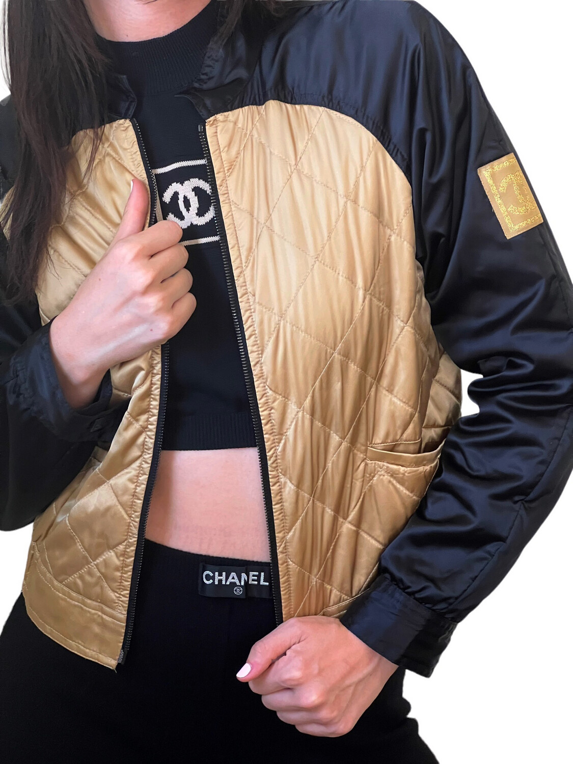 VINTAGE CHANEL BLACK GOLD QUILTED BOMBER JACKET