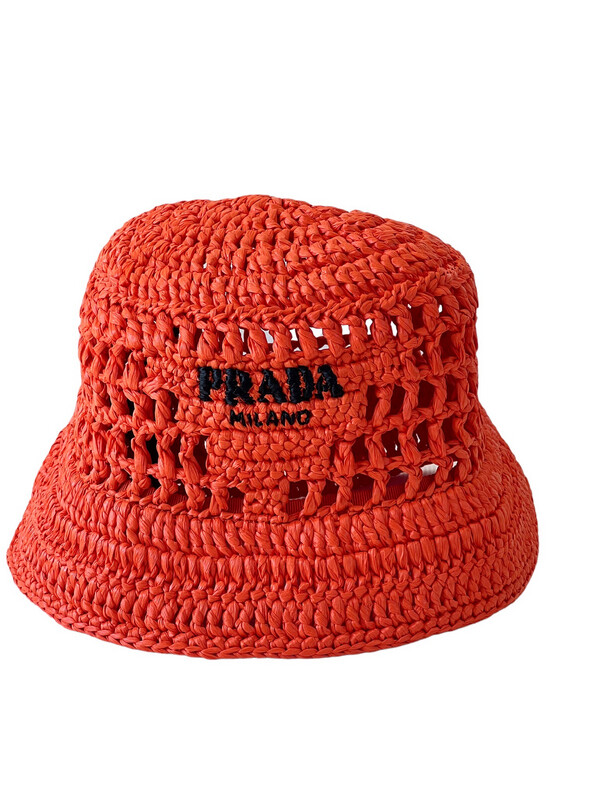PRADA MONOGRAM LOGO RAFFIA ORANGE BUCKET HAT L