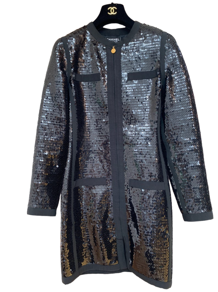 CHANEL CC LOGO BLACK SEQUIN BODYCON BLACK SEQUIN DRESS / JACKET - ICONIC  VINTAGE! FR 36 / US 2-4