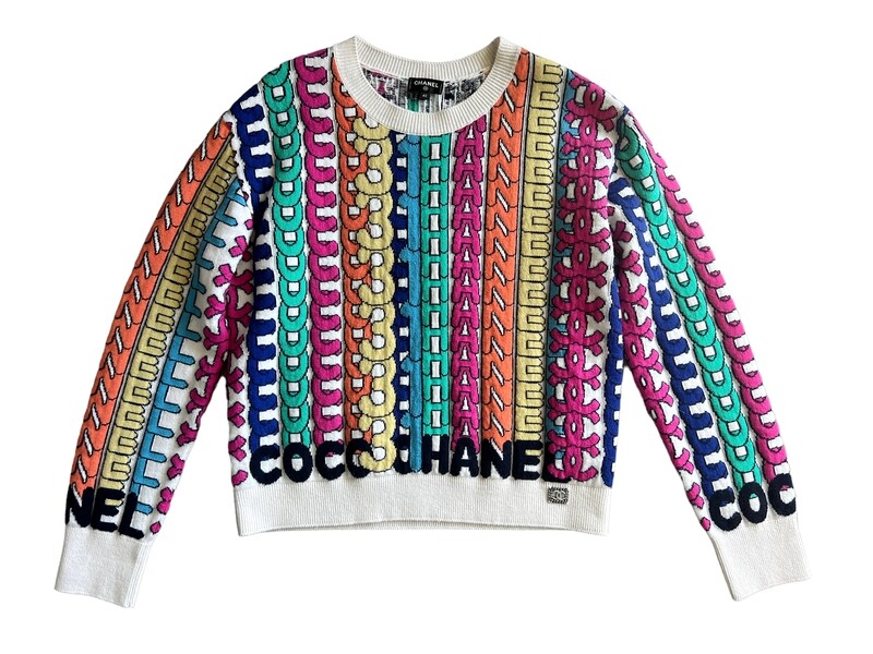 CHANEL 2021 RAINBOW LETTER LOGO CASHMERE SWEATER FR 40 NWT