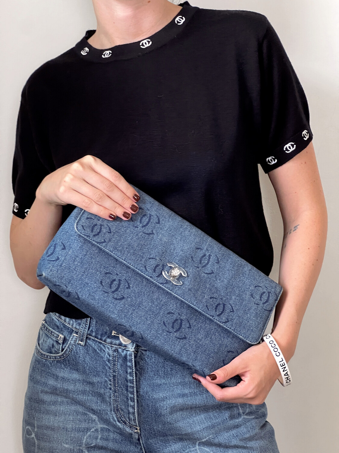 Vintage 90's CHANEL CC Logos Monogram Denim Blue Jean & 