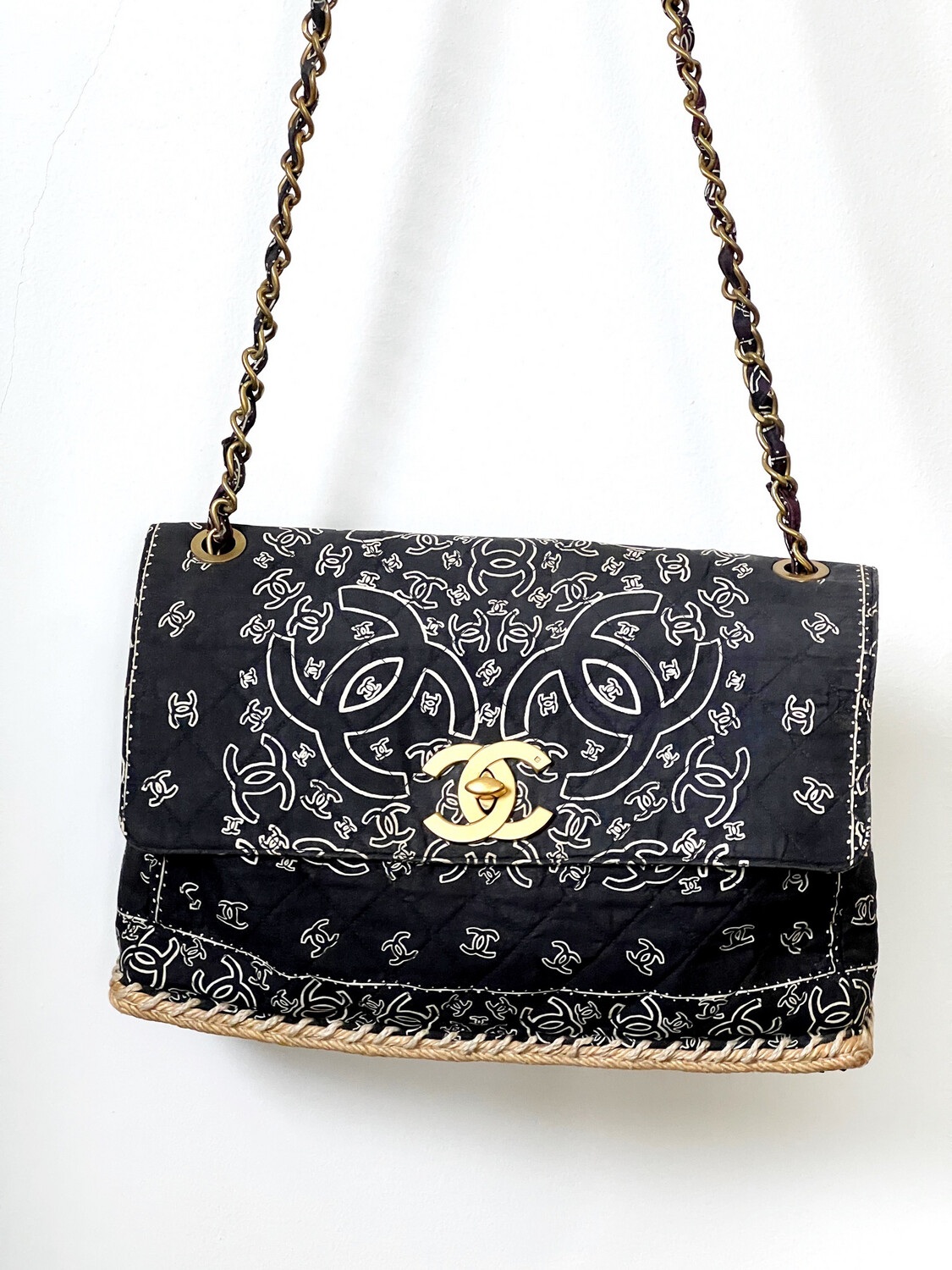 VINTAGE CHANEL NAVY BANDANA PRINT MAXI FLAP SHOULDER CROSSBODY BAG