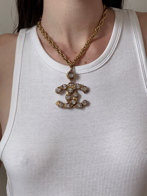 VINTAGE CHANEL CC RHINESTONE CRYSTAL GOLD CHAIN PENDANT NECKLACE