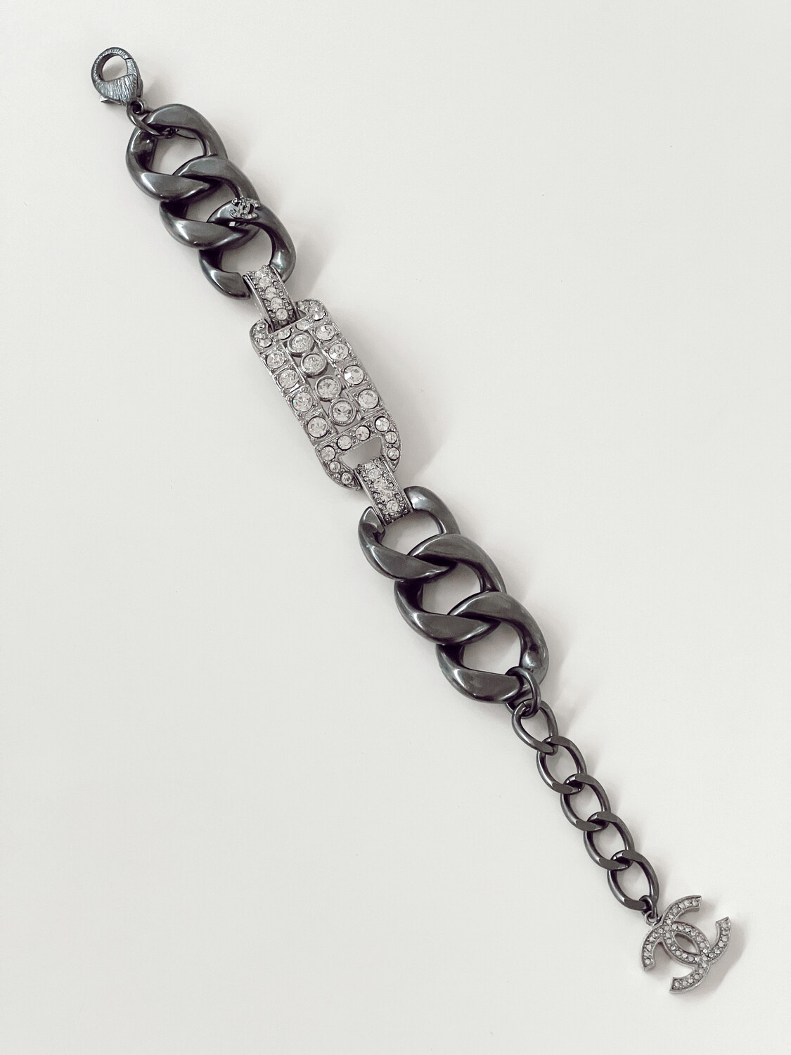 CHANEL CC SILVER GUNMETAL RHINESTONE CURB CHAIN BRACELET