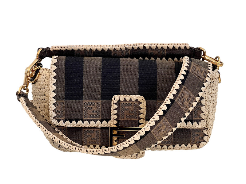 FENDI PEQUIN STRIPE RAFFIA CROCHET BAGUETTE SHOULDER BAG