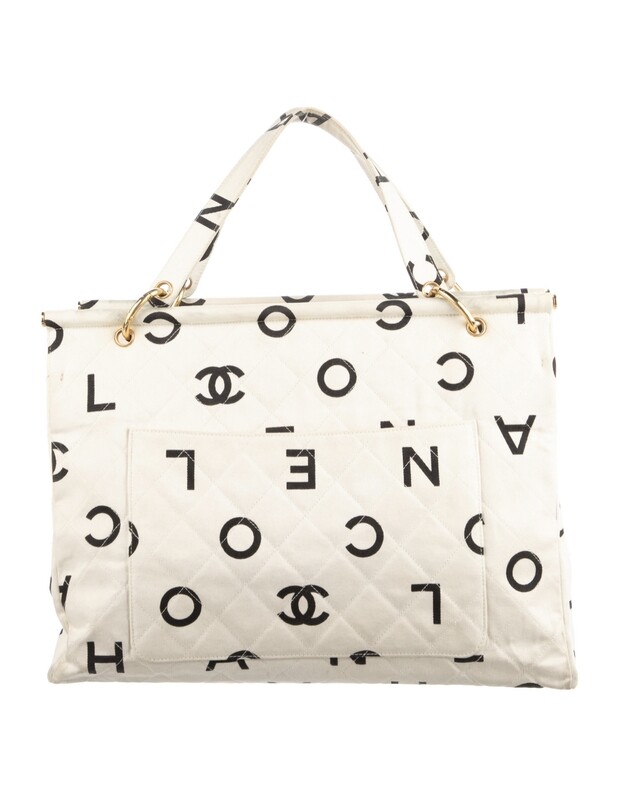 CHANEL VINTAGE CC LETTERS LOGO OFF WHITE / BLACK TOTE