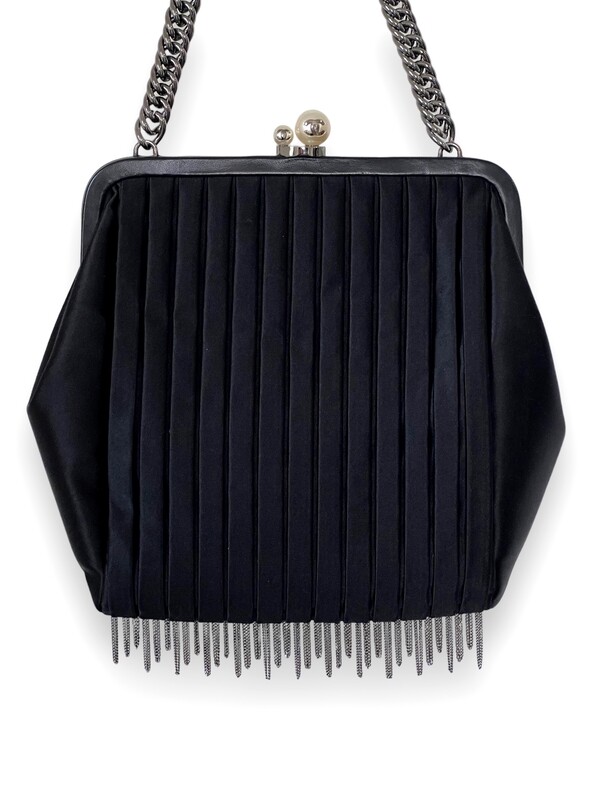 CHANEL VINTAGE PEARL CC CLASP FRAMED CHAIN FRINGE SATIN EVENING BAG