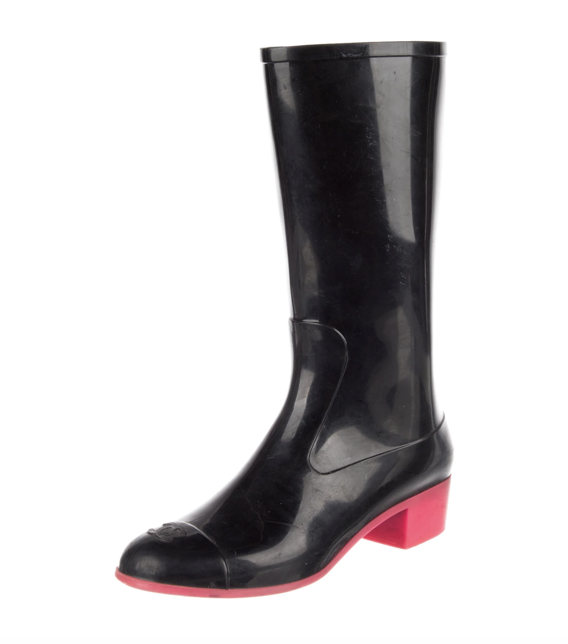 CHANEL VINTAGE BLACK / PINK RUBBER CC TALL RAIN BOOTS 39