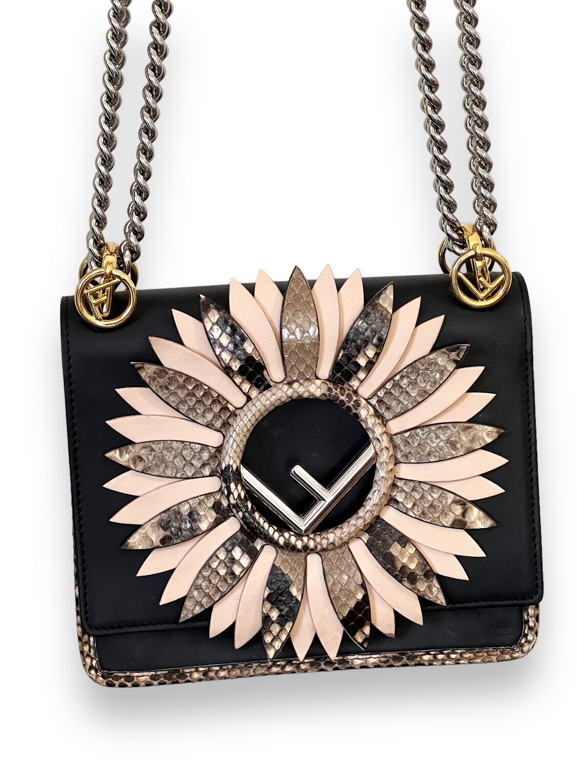 FENDI F IS FOR FENDI FLOWER LEATHER PYTHON CROSSBODY SHOULDER BAG