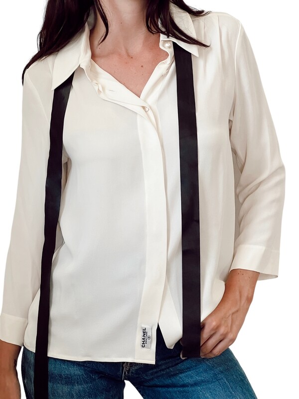 CHANEL SILK BEIGE BLACK LOGO LABEL BUTTON DOWN BLOUSE WITH LEATHER TIES