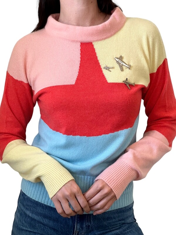 CHANEL CASHMERE COLOR BLOCK PLANES CHARM SWEATER