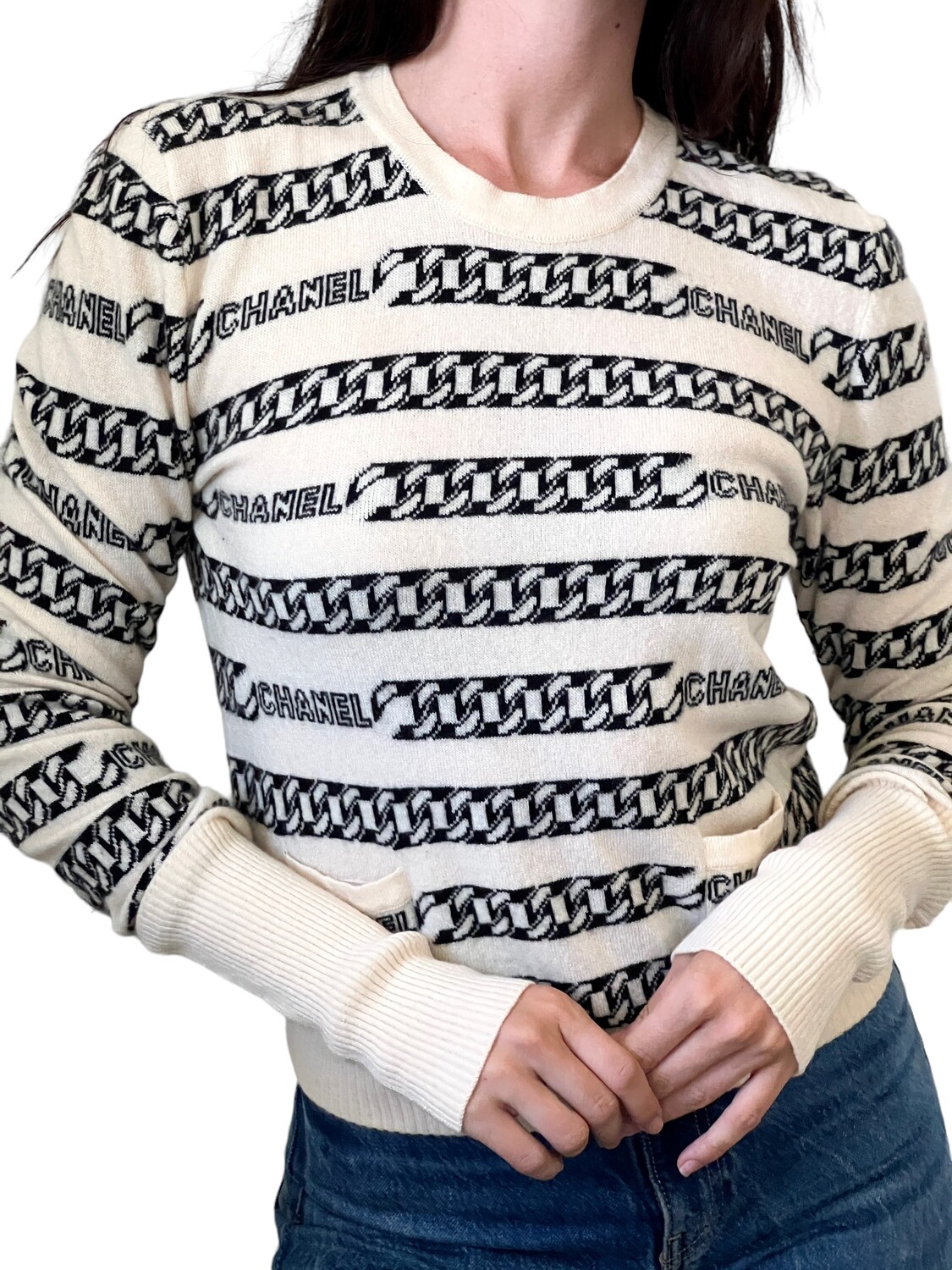 CHANEL VINTAGE CHAIN LOGO PRINT CASHMERE SWEATER