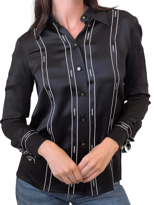 RARE CHANEL VINTAGE 1994 BLACK SILK BLOUSE WITH RIBBON DETAIL AND CC BUTTONS