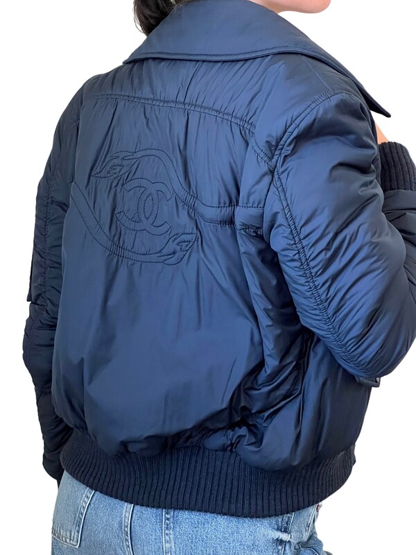 CHANEL NAVY BOMBER JACKET WITH LION DETAIL AND CC LOGO