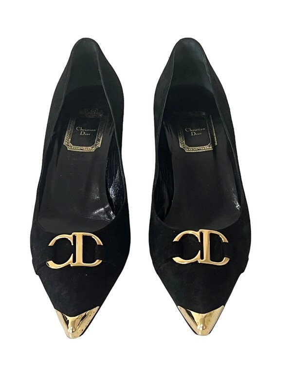 CHRISTIAN DIOR VINTAGE CD BLACK SUEDE LEATHER HEELS 38