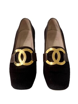 RARE CHANEL VINTAGE CC LOGO BROWN PONY HAIR LOAFER HEELS IT 37